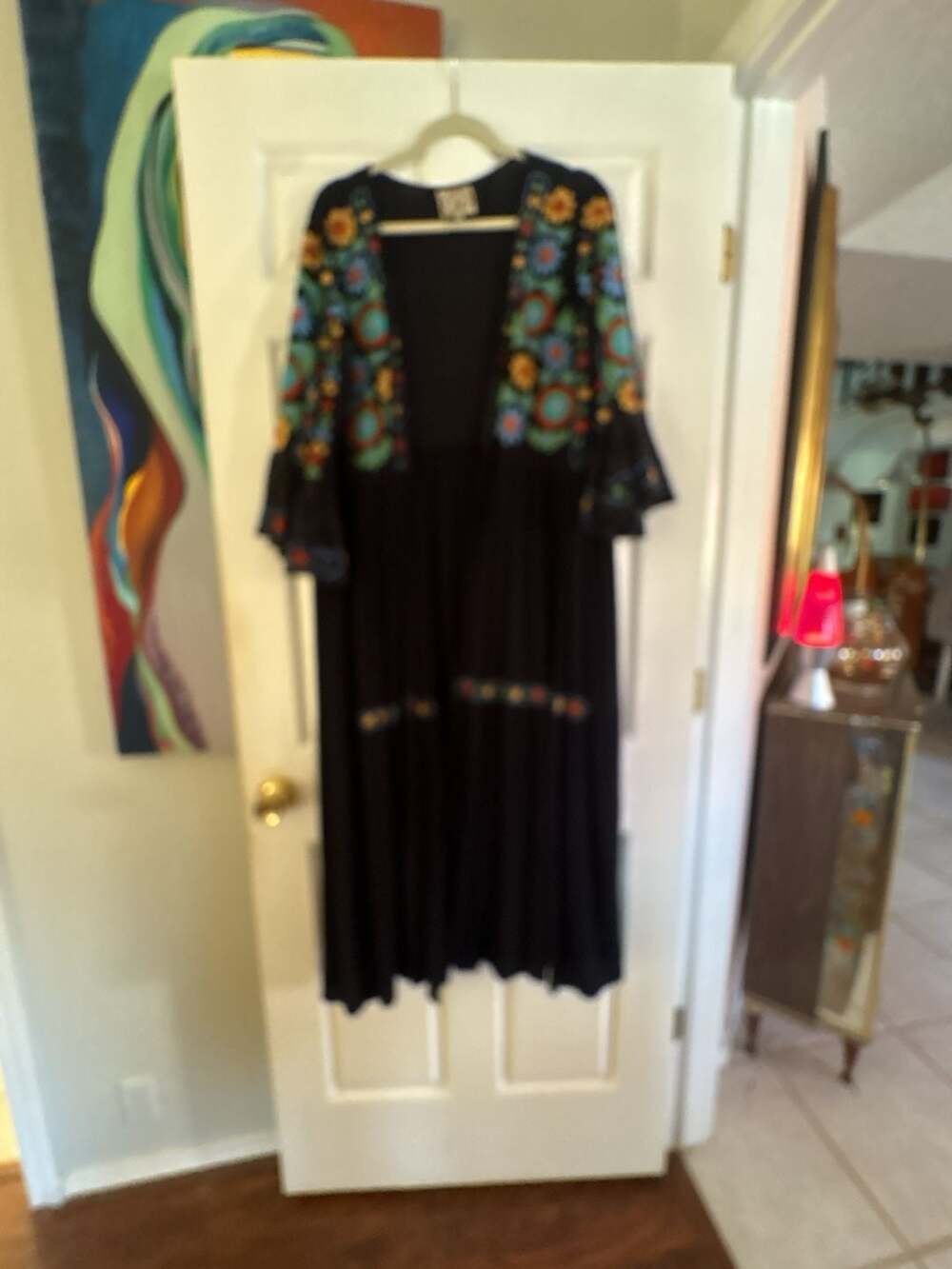 A&A Clothing Inc Embroidered Floral Cardigan Size XL Black Boho Open Front